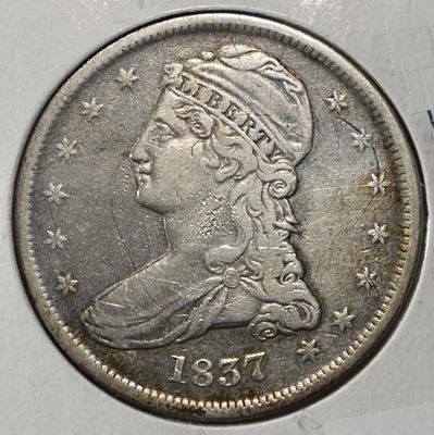 1837 CAPPED BUST HALF DOLLARS XF. LEADERS IN ON-LINE AUCTIONS ESTIMATE $390 - $440.