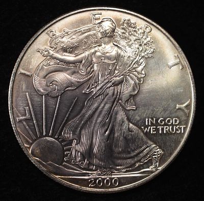 2000 AMERICAN SILVER EAGLE. LEADERS IN ON-LINE AUCTIONS ESTIMATE $110 - $160.