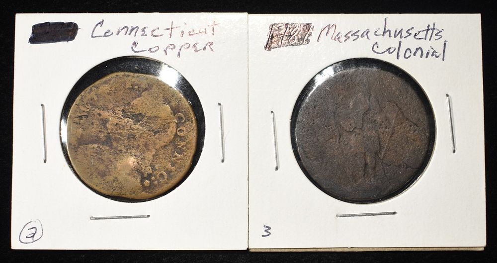 (2) COLONIAL COINS, MASSACHUSETTS & CONNECTICUT. LOW GRADE. ESTIMATE $75 - $100.
