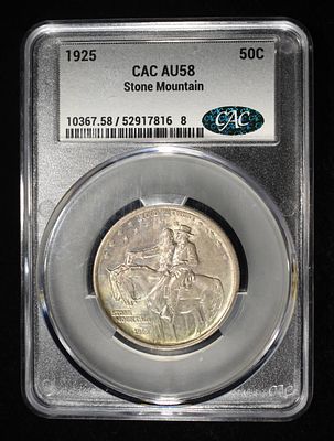1925 STONE MOUNTAIN COMMEM HALF DOLLAR CAC AU-58. CHECK OUT OUR UPCOMING AUCTIONS ESTIMATE $100 