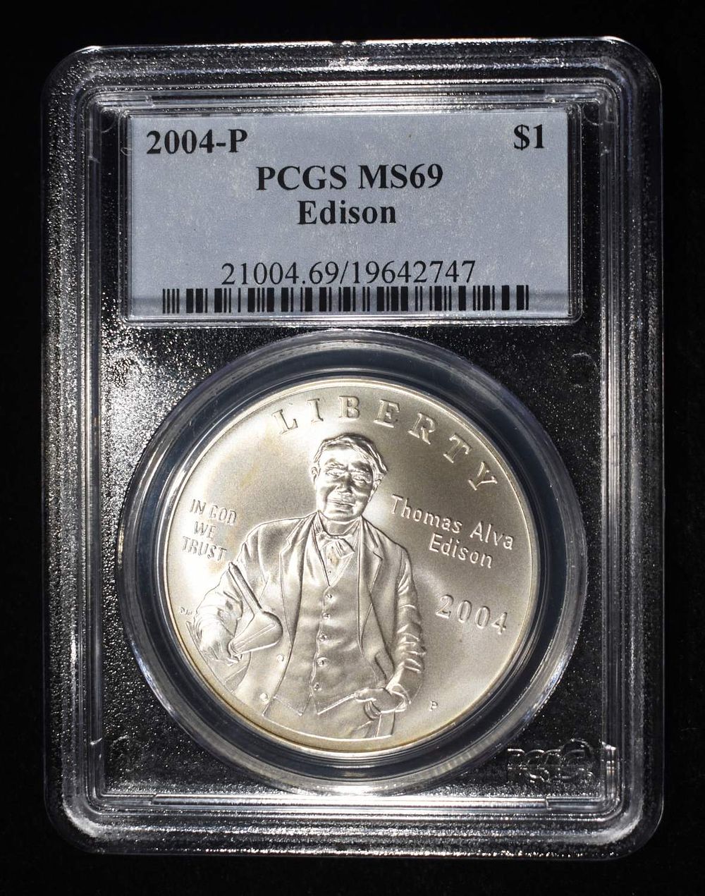 2004-P EDISON COMMEM DOLLAR PCGS MS-69. BID WITH SILVER CITY AUCTIONS ESTIMATE $100 - $130.