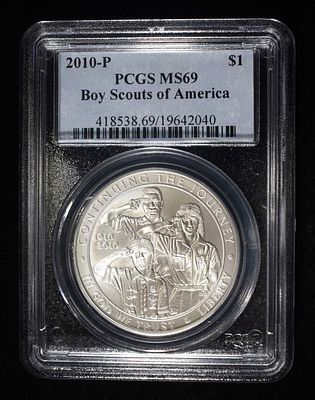 2010-P BOY SCOUTS COMMEM DOLLAR PCGS MS-69. WEEKLY COIN & CURRENCY AUCTIONS ESTIMATE $100 - $130.
