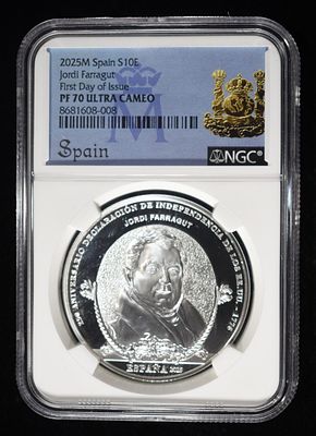 2025-M SPAIN SILVER JORDI FARRAGUT NGC PF-70 UCAM. FIRST DAY ISSUE ESTIMATE $150 - $200.