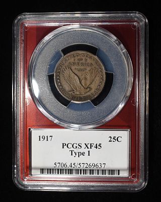 1917 T-1 STANDING LIBERTY QUARTER PCGS XF-45. BID WITH SILVER CITY AUCTIONS ESTIMATE $150 - $200.