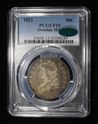1823 BUST HALF DOLLAR PCGS F-15 CAC O-103. LEADERS IN ON-LINE AUCTIONS ESTIMATE $150 - $200.