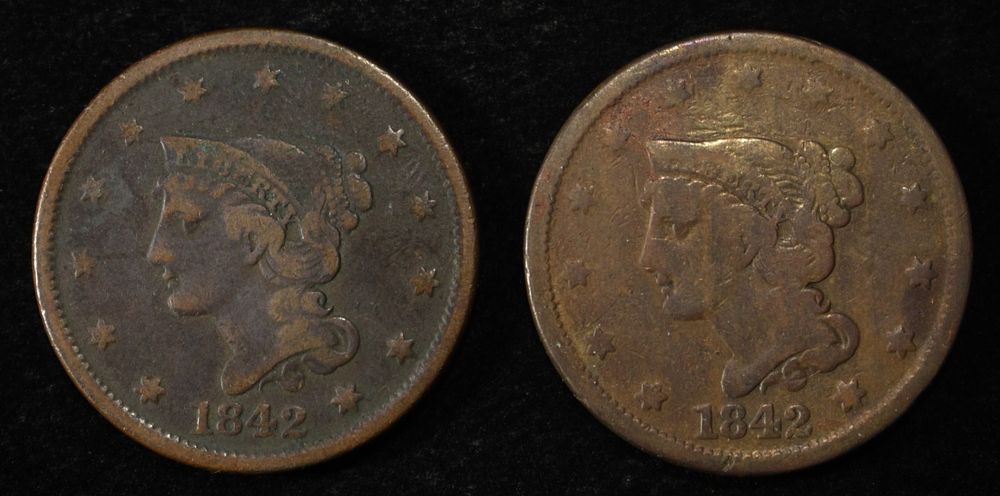 (2) 1842 BRAIDED HAIR LARGE CENTS. BID WITH SILVER CITY AUCTIONS ESTIMATE $80 - $120.