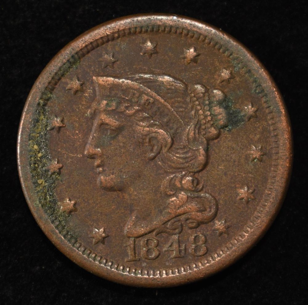 1848 BRAIDED HAIR LARGE CENT VF. TOP RATED AUCTION HOUSE ESTIMATE $120 - $170.