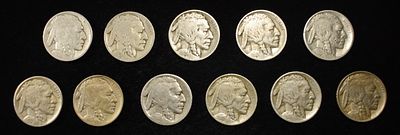 11 EARLY DATE BUFFALO NICKELS. 1913PT1-VF, 1913DT1-G4, 1913ST1-G4, 1914S-G4, 1915P-F12, 1915D-G4 
