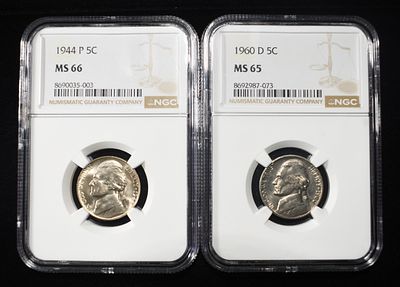 1944-P & 1960-D JEFFERSON NICKELS NGC MS66 & MS65. WEEKLY COIN & CURRENCY AUCTIONS ESTIMATE $60 