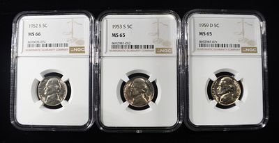 1952-S, 1953-S & 1959-D JEFFERSON 5C NGC MS65-66. BID WITH SILVER CITY AUCTIONS ESTIMATE $80 - $120.