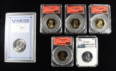 (6) GRADED MIXED COINS. 1962 FRANKLIN HALF DOLLAR PCI SUPERB GEM+ PROOF CAMEO, 2000-S SACAGAWEA 