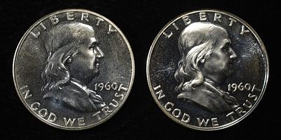 (2) 90% SILVER 1960 FRANKLIN HALF DOLLARS PROOF BU. LEADERS IN ON-LINE AUCTIONS ESTIMATE $90 - $130.