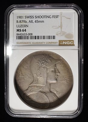 1901 SWISS SHOOTING FEST LUZERN SILVER NGC MS-64. R-879B SILVER ESTIMATE $350 - $400.