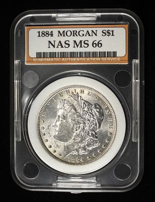 1884 MORGAN DOLLAR NAS SUPERB GEM BU. LEADERS IN ON-LINE AUCTIONS ESTIMATE $230 - $280.