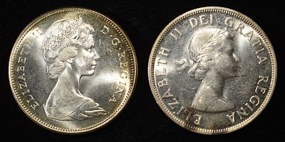 (2) 80% SILVER CANADIAN DOLLARS. WEEKLY COIN & CURRENCY AUCTIONS ESTIMATE $130 - $180.