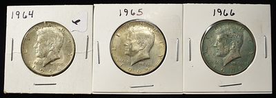 1964 90% & 1965, 1966 40% SILVER KENNEDY 50C. WEEKLY COIN & CURRENCY AUCTIONS ESTIMATE $75 - $100.