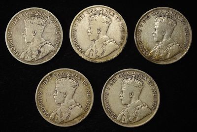 (5) 92.5% STERLING FOREIGN COINS. LEADERS IN ON-LINE AUCTIONS ESTIMATE $110 - $160.