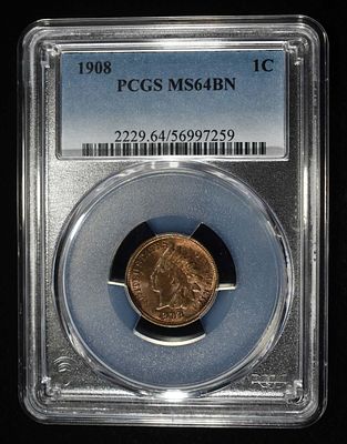 1908 INDIAN CENT PCGS MS64 BN. WEEKLY COIN & CURRENCY AUCTIONS ESTIMATE $140 - $190.