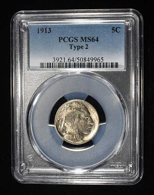 1913 BUFFALO NICKEL TYPE 2 PCGS MS64. CHECK OUT OUR UPCOMING AUCTIONS ESTIMATE $250 - $300.