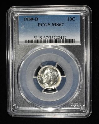 1959-D ROOSEVELT DIME PCGS MS67. BID WITH SILVER CITY AUCTIONS ESTIMATE $75 - $100.