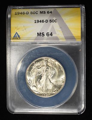 1946-D WALKING LIBERTY HALF DOLLAR ANACS MS-64. BID WITH SILVER CITY AUCTIONS ESTIMATE $80 - $100.