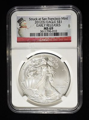 2012 (S) AMERICAN SILVER EAGLE NGC MS69. WEEKLY COIN & CURRENCY AUCTIONS ESTIMATE $110 - $160.