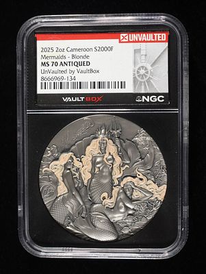2025 2 OZ SILVER CAMEROON MERMAID BLONDE NGC MS-70. ANTIQUED TOP RATED AUCTION HOUSE ESTIMATE 