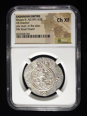AD 591-628 KHUSRU II AR DRACHM NGC CH XF. SASANIAN EMPIRE, OBV BUST. RV FIRE ALTAR SILK ROAD 