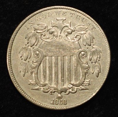 1868 SHIELD NICKEL CH AU. CHECK OUT OUR UPCOMING AUCTIONS ESTIMATE $130 - $150.