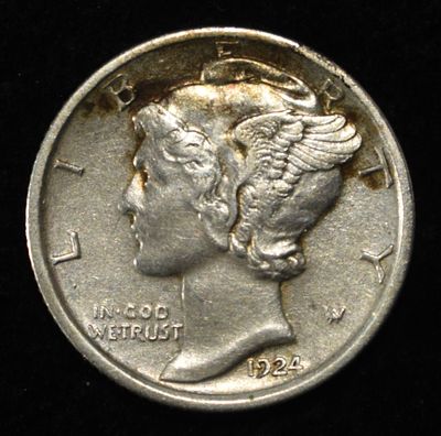 1924-D MERCURY DIME AU. LEADERS IN ON-LINE AUCTIONS ESTIMATE $100 - $130.