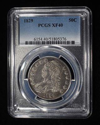 1829 CAPPED BUST HALF DOLLAR PCGS XF40. LEADERS IN ON-LINE AUCTIONS ESTIMATE $250 - $300.