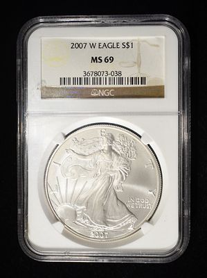 2007-W AMERICAN SILVER EAGLE NGC MS69. TOP RATED AUCTION HOUSE ESTIMATE $130 - $180.