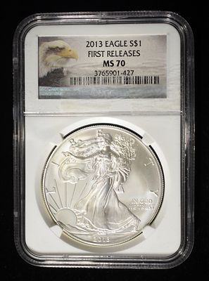 2013 AMERICAN SILVER EAGLE NGC MS70. TOP RATED AUCTION HOUSE ESTIMATE $110 - $160.