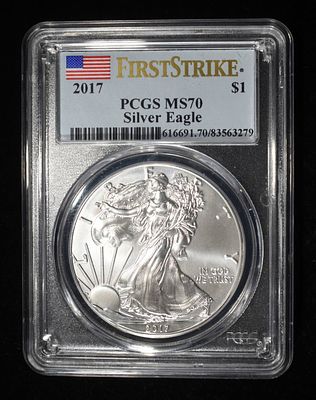 2017 AMERICAN SILVER EAGLE PCGS MS70. BID WITH SILVER CITY AUCTIONS ESTIMATE $120 - $170.