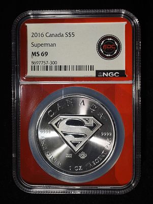 2016 1 OZ SILVER CANADA SUPERMAN NGC MS-69. LEADERS IN ON-LINE AUCTIONS ESTIMATE $150 - $200.