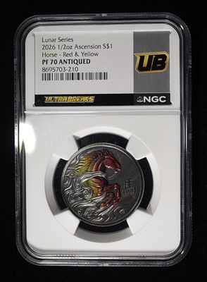 2026 ASCENSION 1/2 OZ SILVER HORSE NGC PF-70. RED & YELLOW ANTIQUED ESTIMATE $150 - $200.