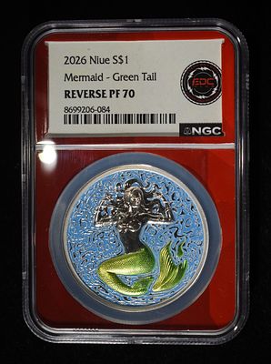 2026 NIUE 1OZ SILVER MERMAID GREEN NGC REV PF-70. CHECK OUT OUR UPCOMING AUCTIONS ESTIMATE $180 