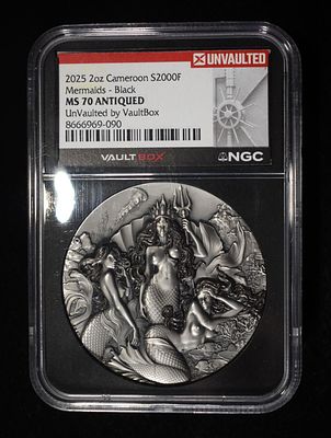2025 2 OZ SILVER CAMEROON MERMAIDS BLACK NGC MS-70. ANTIQUED CHECK OUT OUR UPCOMING AUCTIONS 