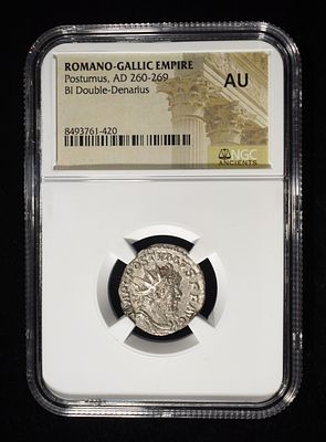 AD 260-269 POSTUMUS BI DOUBLE-DENARIUS NGC AU. LEADERS IN ON-LINE AUCTIONS ESTIMATE $180 - $220.