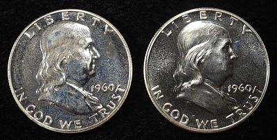 (2) 90% SILVER 1960 FRANKLIN HALF DOLLARS PROOF BU. BID WITH SILVER CITY AUCTIONS ESTIMATE $90 - 