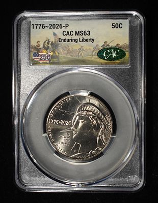 1776-2026-P ENDURING LIBERTY HALF DOLLAR CAC MS-63. WEEKLY COIN & CURRENCY AUCTIONS ESTIMATE $80 