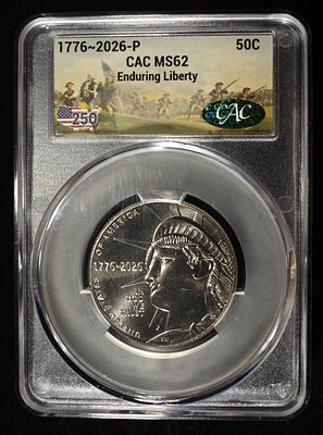 1776-2026-P ENDURING LIBERTY HALF DOLLAR CAC MS-62. TOP RATED AUCTION HOUSE ESTIMATE $80 - $120.