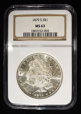 1879-S MORGAN DOLLAR NGC MS63. LEADERS IN ON-LINE AUCTIONS ESTIMATE $130 - $180.