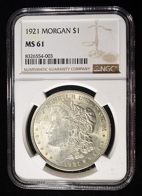 1921 MORGAN DOLLAR NGC MS61. TOP RATED AUCTION HOUSE ESTIMATE $80 - $120.