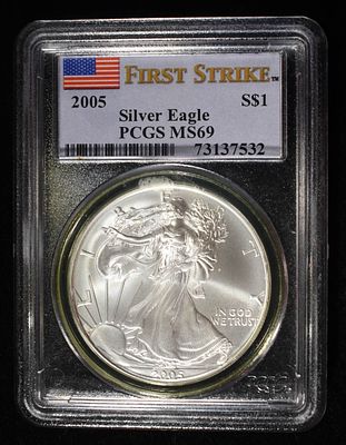 2005 AMERICAN SILVER EAGLE PCGS MS69. LEADERS IN ON-LINE AUCTIONS ESTIMATE $110 - $160.
