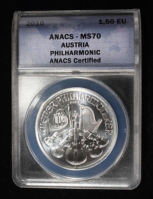 2010 AUSTRIA PHILHARMONIC ANACS MS70. LEADERS IN ON-LINE AUCTIONS ESTIMATE $100 - $150.