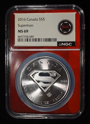 2016 1 OZ SILVER CANADA SUPERMAN NGC MS-69. BID WITH SILVER CITY AUCTIONS ESTIMATE $150 - $200.