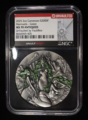 2025 2 OZ SILVER CAMEROON MERMAIDS GREEN NGC MS-70. ANTIQUED BID WITH SILVER CITY AUCTIONS 