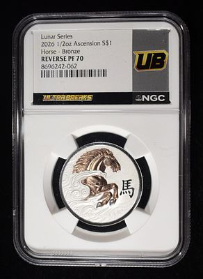 2026 ASCENSION 1/2 OZ SILVER HORSE NGC REV PF-70. BRONZE ESTIMATE $150 - $200.