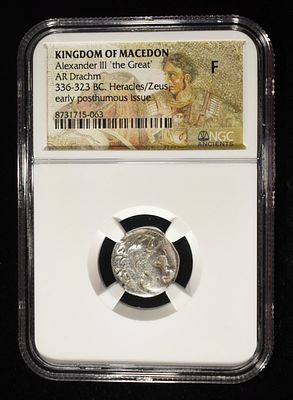 336-323 BC HERACLES/ZEUS AR DRACHM NGC F. TOP RATED AUCTION HOUSE ESTIMATE $300 - $350.